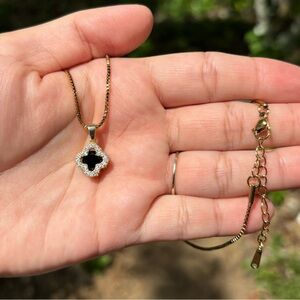 18K Gold Plated Stainless Steel Black Diamond Clover Necklace